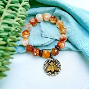 Dragon Vein Agate Stone Bracelet Caramel Brass Metal Bee Charm Jewelry